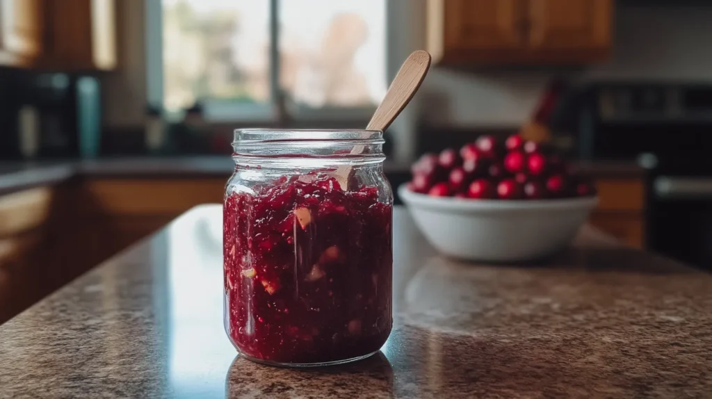 A glass jar of homemade cranberry relish