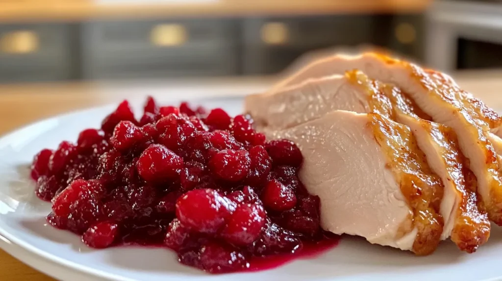 A plate of roasted turkey with a side of fresh cranberry relish
