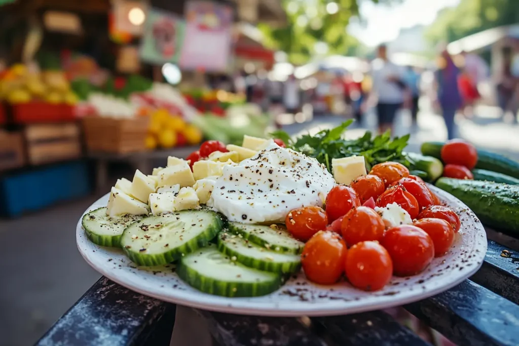 Balkan breakfast platter with an American farmers’ market in the background