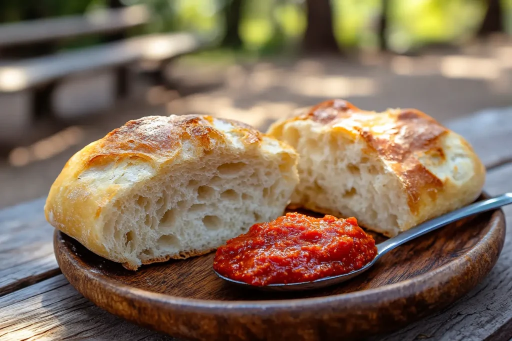 Fresh Balkan bread with ajvar in a park setting