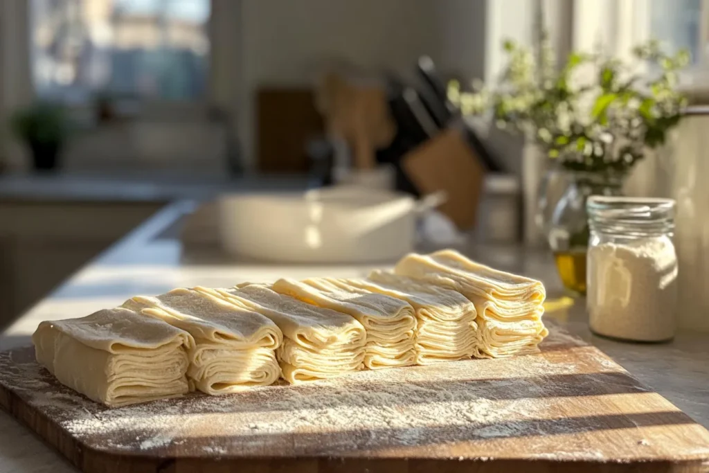 Freshly rolled gluten-free pasta dough cut into strips on a wooden cutting board in a sunlit kitchen.