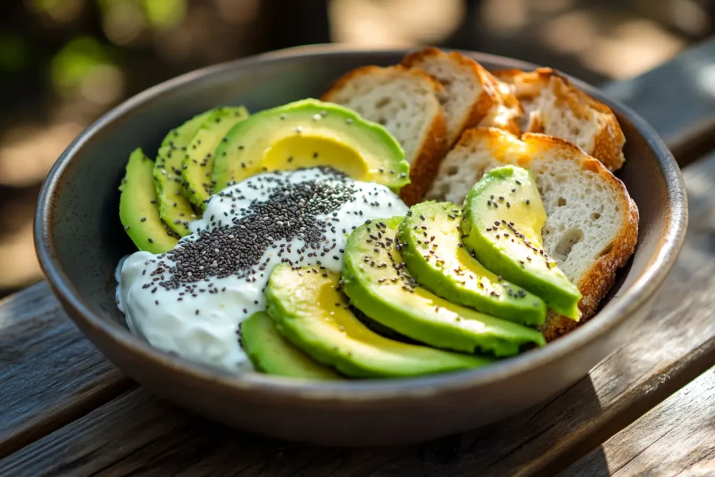 Gluten-free Balkan breakfast bowl on a sunny picnic table