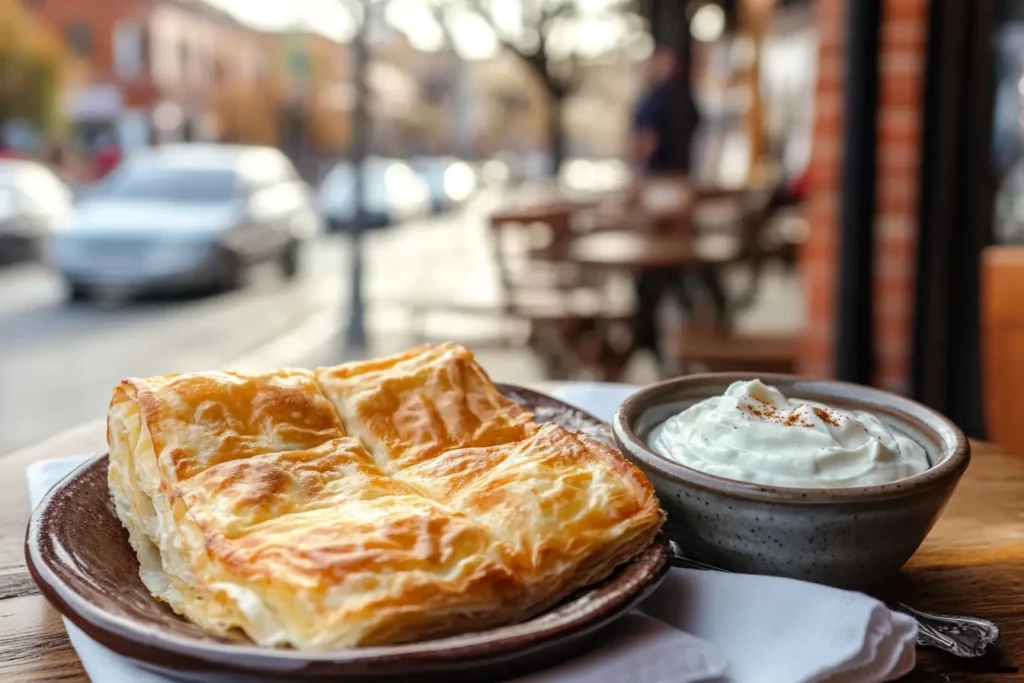 Burek with cheese and yogurt on a sunny outdoor cafe table