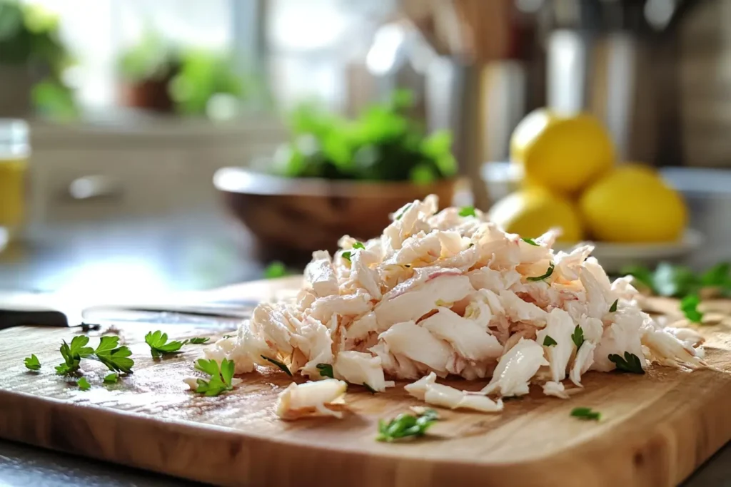 Fresh lump crab meat on a cutting board in a well-lit modern kitchen.