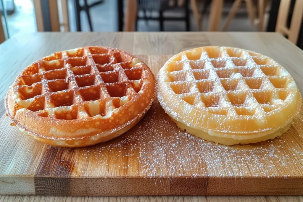 Side-by-side comparison of a mochi waffle and a regular waffle, highlighting their distinct textures and crispy golden exteriors.