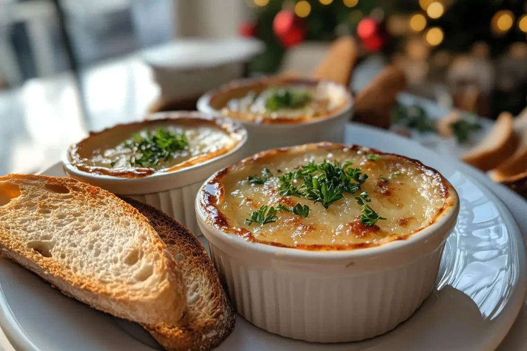 Plated crab brûlée garnished with parsley, served alongside toasted baguette slices.