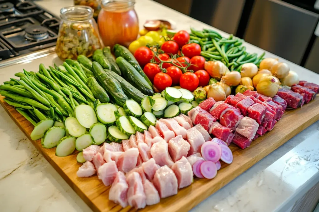 Fresh ingredients for pork Sinigang displayed on a marble countertop.