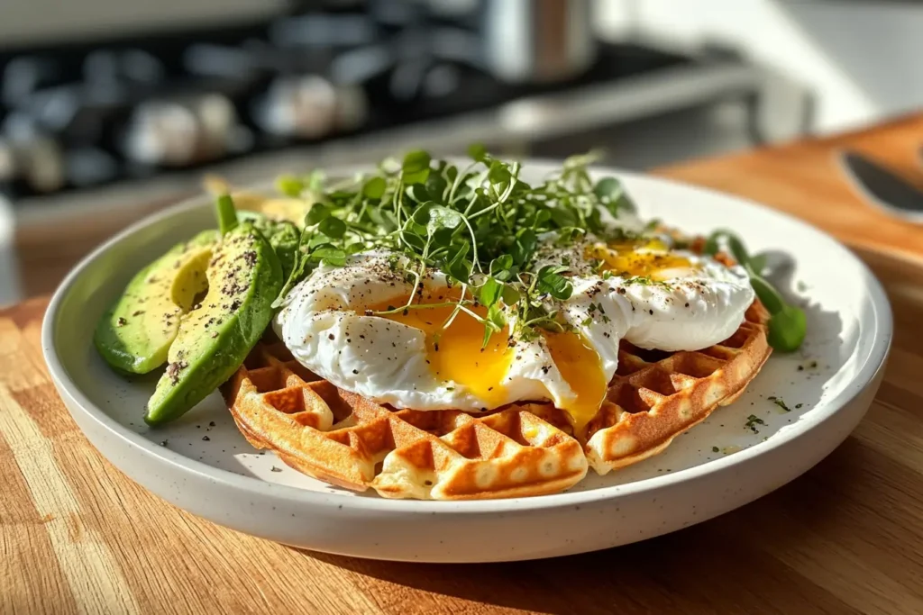 A mochi waffle served with avocado slices and poached eggs on a white plate, photographed on an iPhone 15 Pro in a sunlit American kitchen