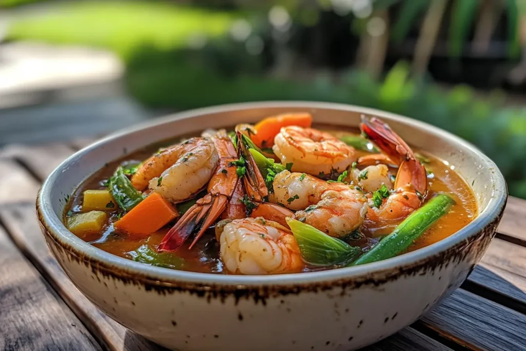 A bowl of seafood Sinigang with shrimp, fish, taro, and vibrant vegetables.