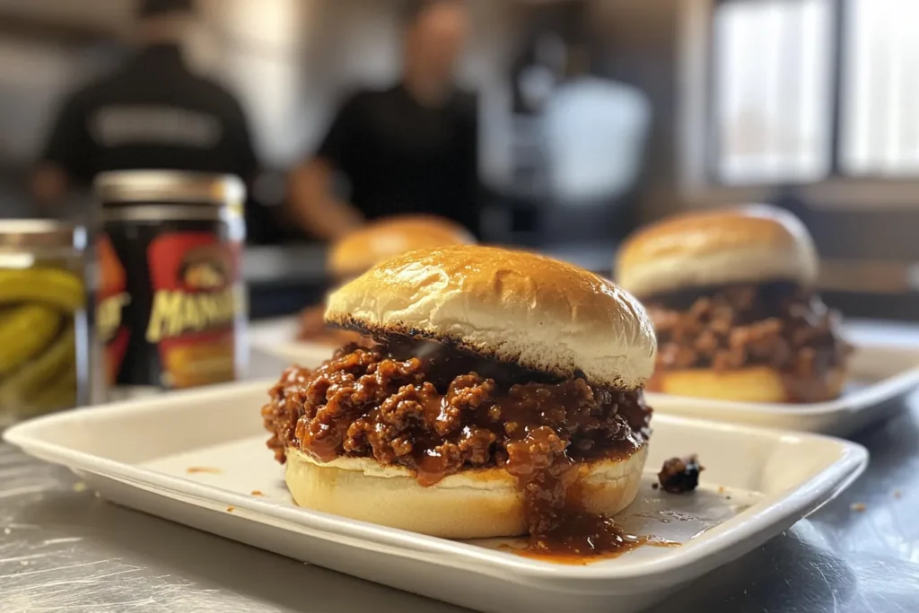 A steaming Manwich Sloppy Joe mix on a burger bun, served on a white dish with a can of Manwich sauce in the background.