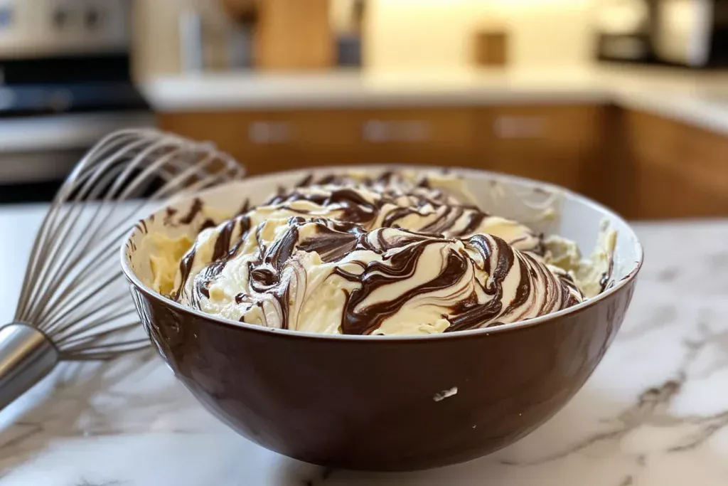 A bowl of chocolate and vanilla zebra cake batter swirled in a marble pattern, placed on a kitchen countertop.
