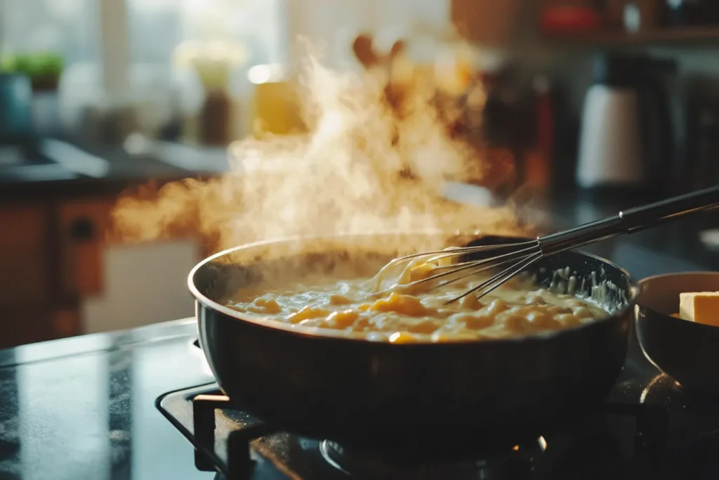 A creamy cheese sauce being whisked in a saucepan on a stovetop.