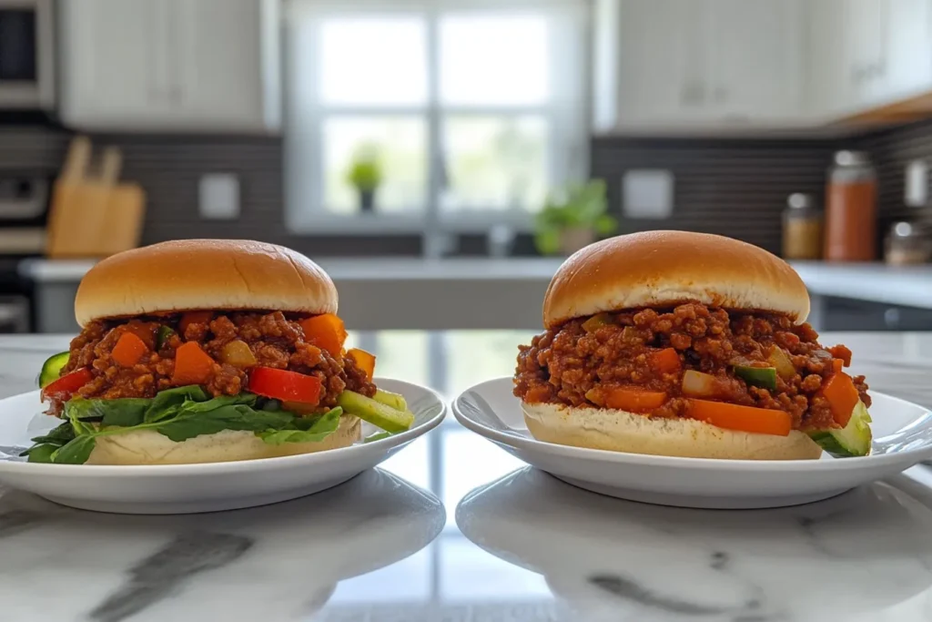 A side-by-side comparison of homemade Sloppy Joes and Manwich-made Sloppy Joes, highlighting the textures and vibrant sauces.