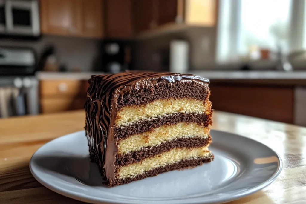 A full zebra cake on a stand with a slice removed, showing chocolate and vanilla stripes inside.
