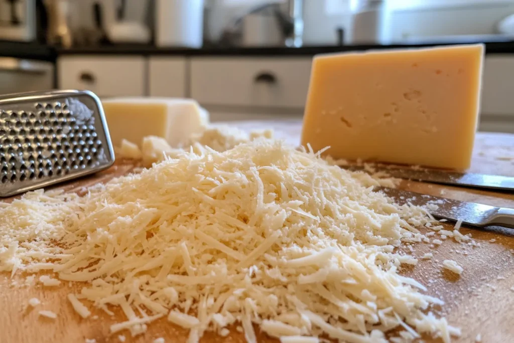 A close-up of shredded cheddar, grated Parmesan, and Gruyère cheeses on a cutting board.
