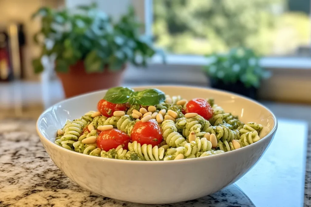 Gluten-free fusilli pasta salad with pesto, cherry tomatoes, and pine nuts in a white bowl on a marble counter.