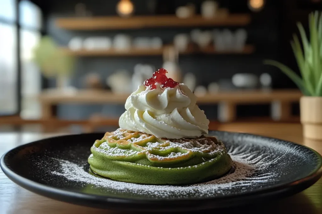 A matcha mochi waffle topped with whipped cream and red bean paste, served on a black plate in a cozy kitchen setting, photographed on an iPhone 15 Pro.