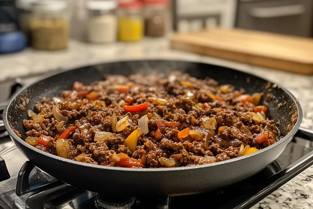 A skillet of Sloppy Joe mixture with fresh onions and bell peppers, simmering on a stovetop in a modern kitchen.