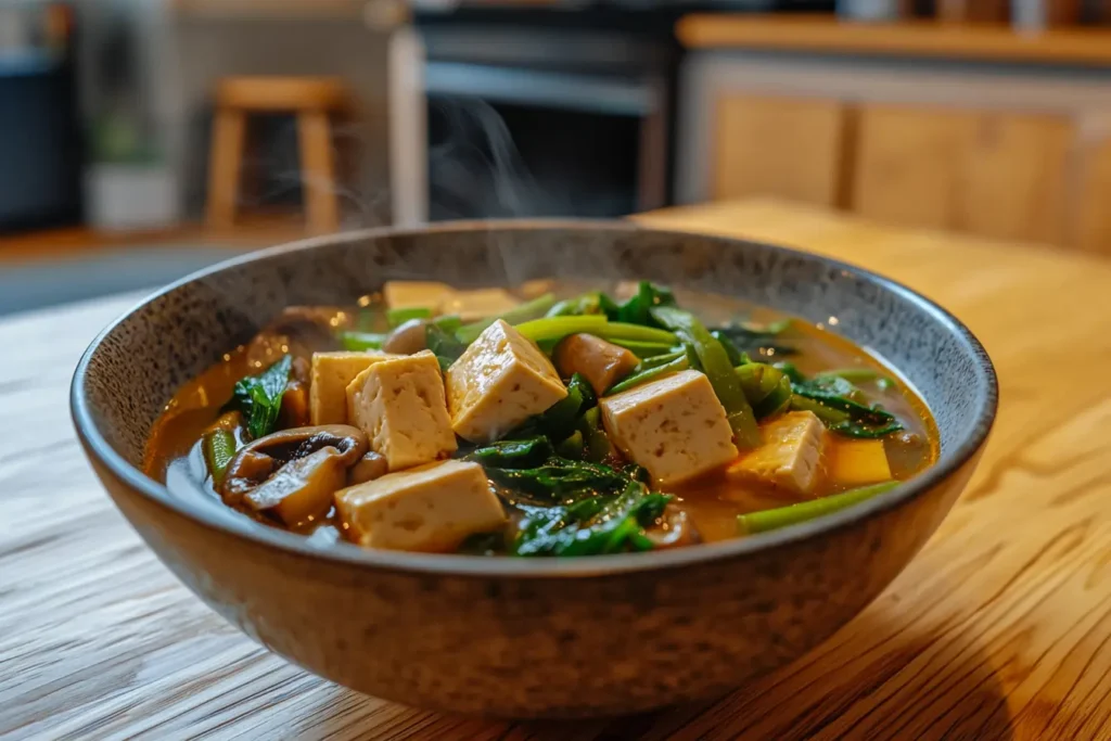 Vegetarian Sinigang with tofu, mushrooms, and fresh vegetables in a tamarind broth.