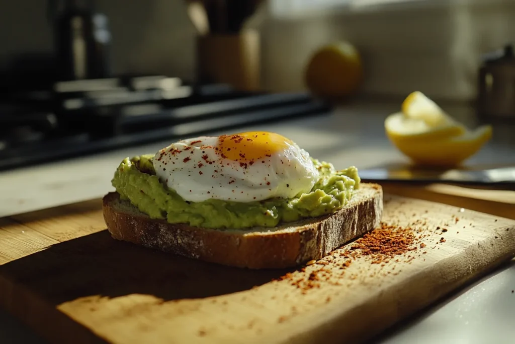 Ultra-realistic avocado toast with poached egg, chili flakes, and paprika on a wooden counter in a modern kitchen.