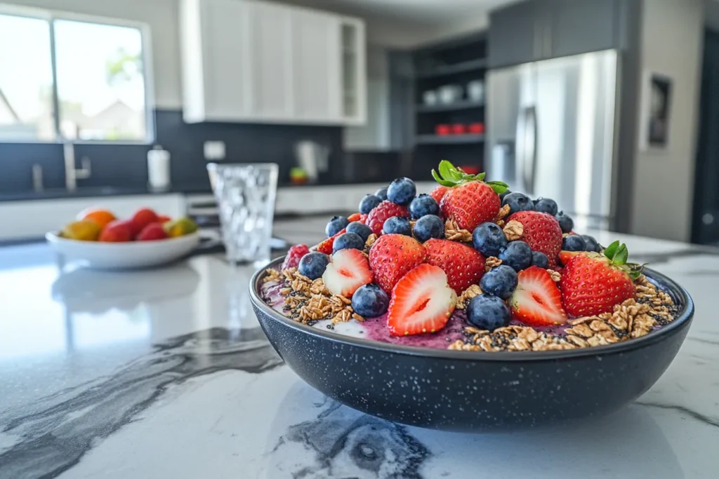 Vibrant smoothie bowl with fresh fruit and granola, captured in a sunny American kitchen