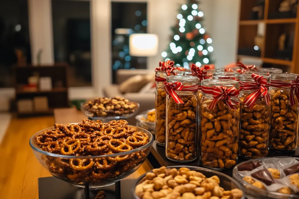 Festive butter toffee pretzels in decorative jars surrounded by holiday treats in a cozy living room.