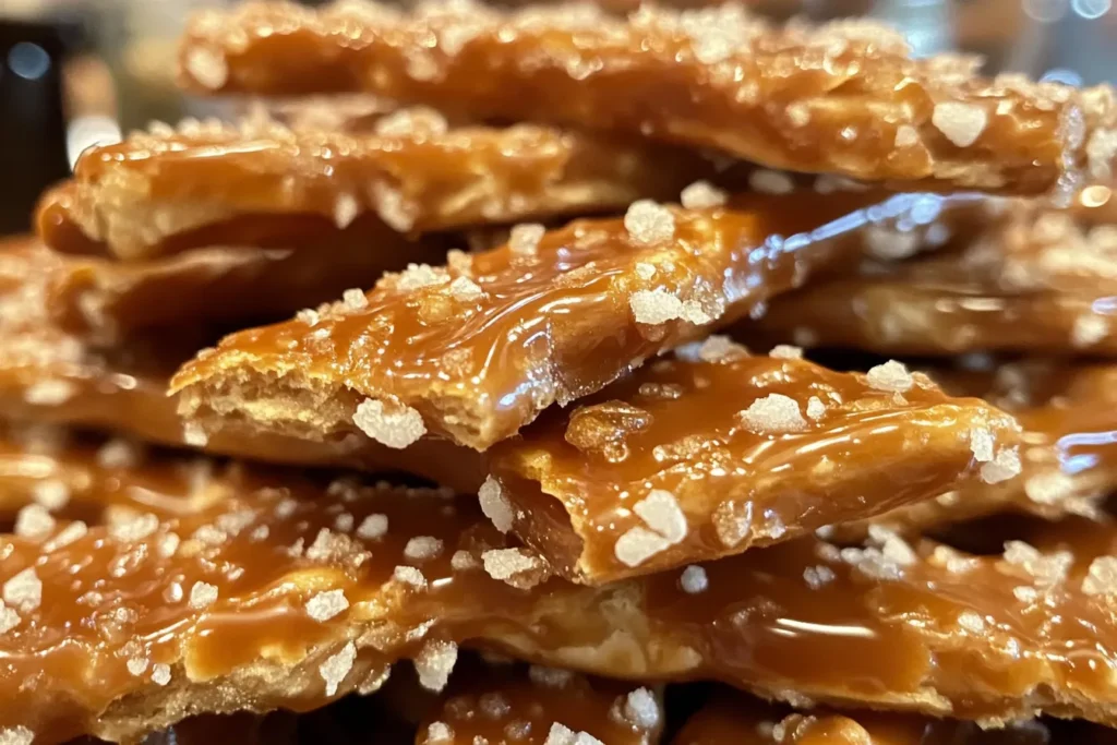Close-up of butter toffee pretzels with a glossy glaze and sea salt in a cozy dining setup.