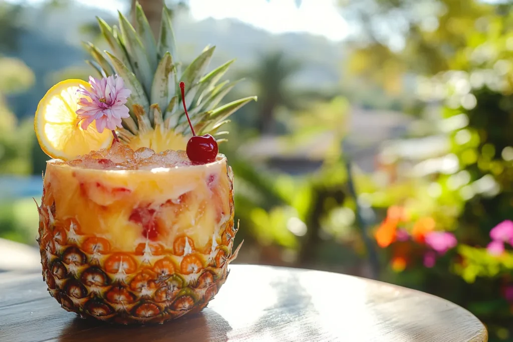 Close-up of tiki cocktail in a pineapple shell with vibrant garnishes, set outdoors in sunlight.