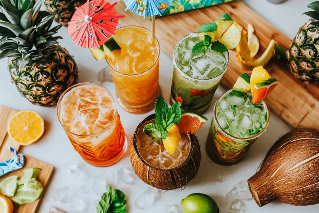 Overhead view of various tiki cocktails with fresh ingredients and garnishes on a sleek kitchen counter.