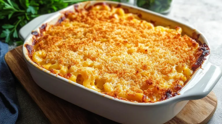 Golden, crispy baked mac and cheese with bubbling cheese sauce.