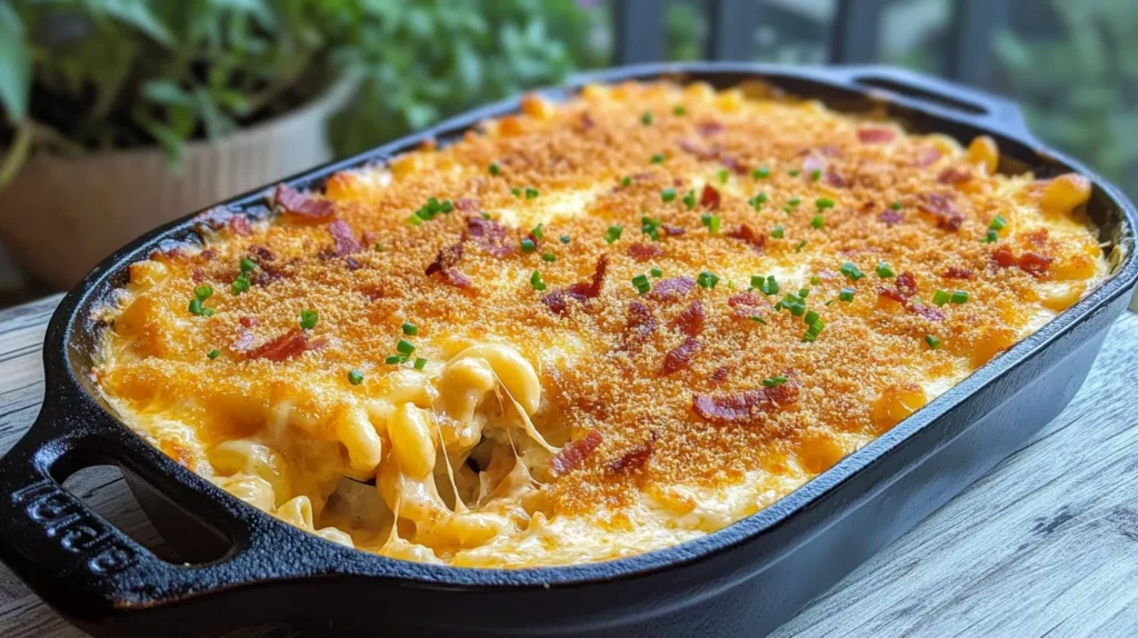 Smoked mac and cheese with bacon and cheddar in a cast iron skillet