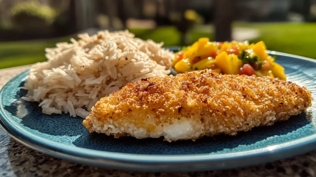 Crispy coconut-crusted orange roughy with fresh mango salsa and coconut rice