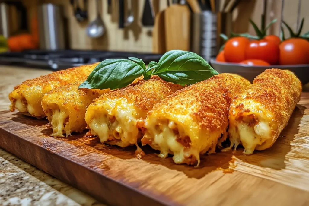 Golden Crispy Stuffed Ziti Fritta with Basil Garnish