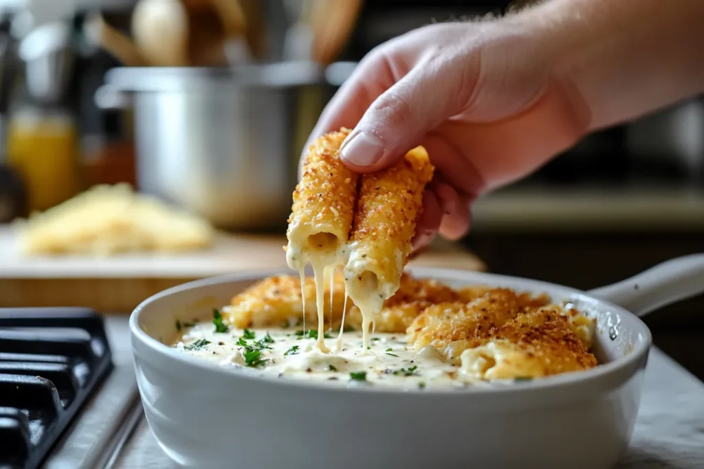 Dipping Stuffed Ziti Fritta into Creamy Alfredo Sauce