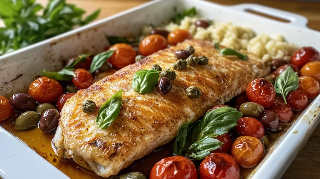 Baked Mediterranean-style orange roughy with cherry tomatoes
