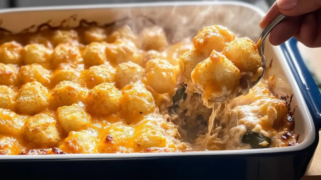 A steaming hot dish fresh out of the oven, with crispy tater tots and bubbling cheese